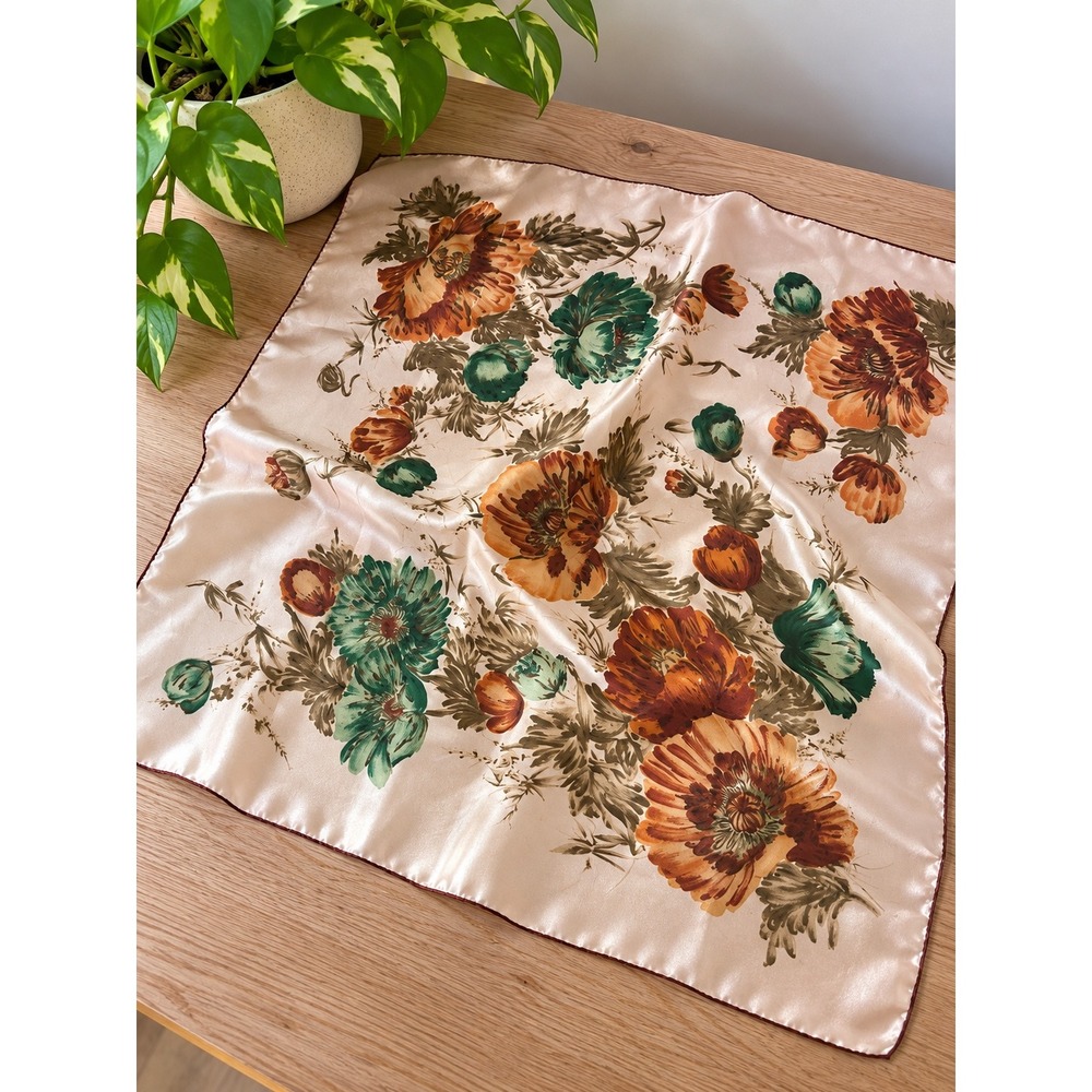 Vintage Japan Hand Printed Floral Scarf Hand Rolled